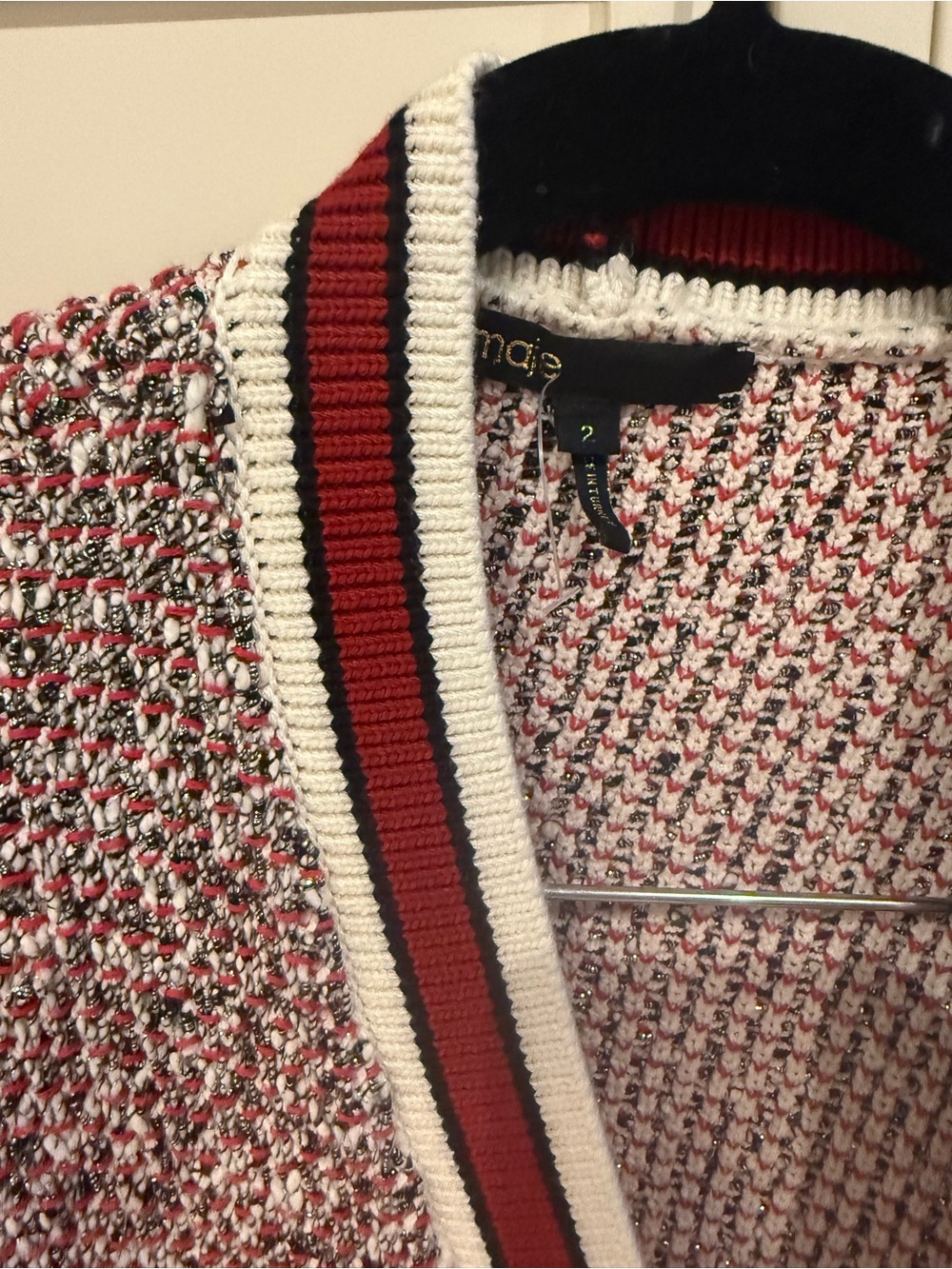 Medium Maje Red and White Bouclé Knit Cardigan - Picture 2 of 3